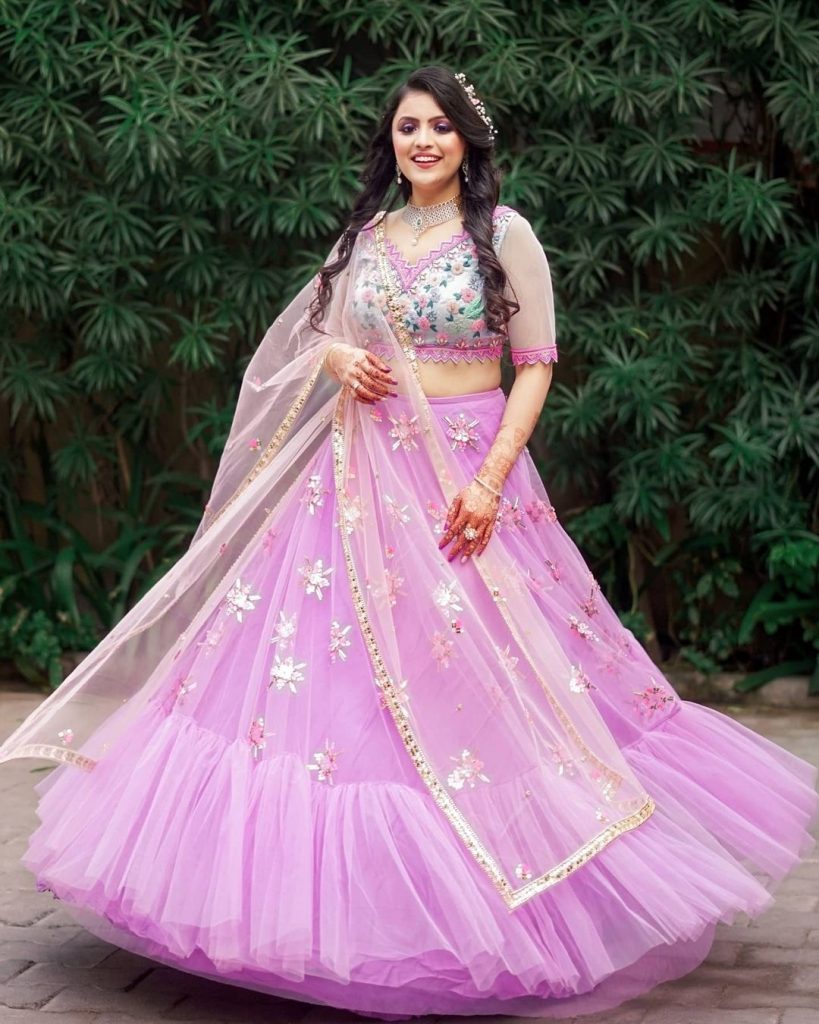 lavender ruffle tulle mehndi bridal lehenga