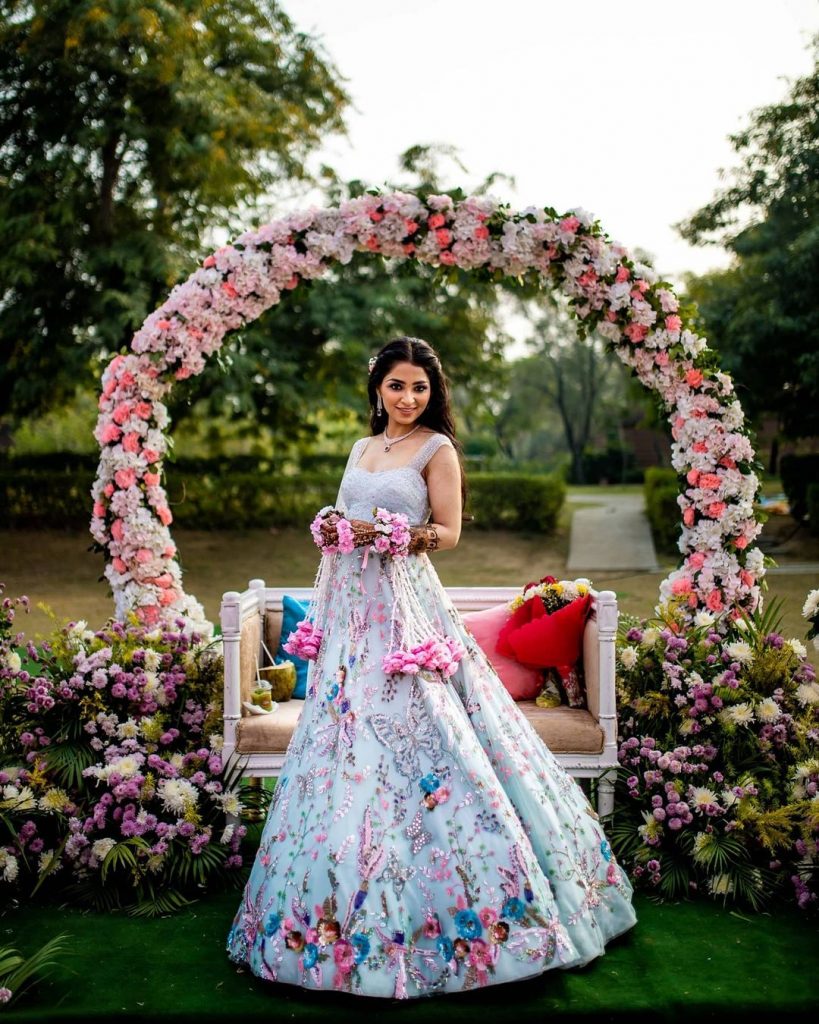 butterfly glittere work pastel blue mehendi lehenga choli