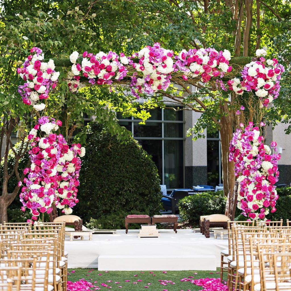 floral mandap decoration with pink and white flowers