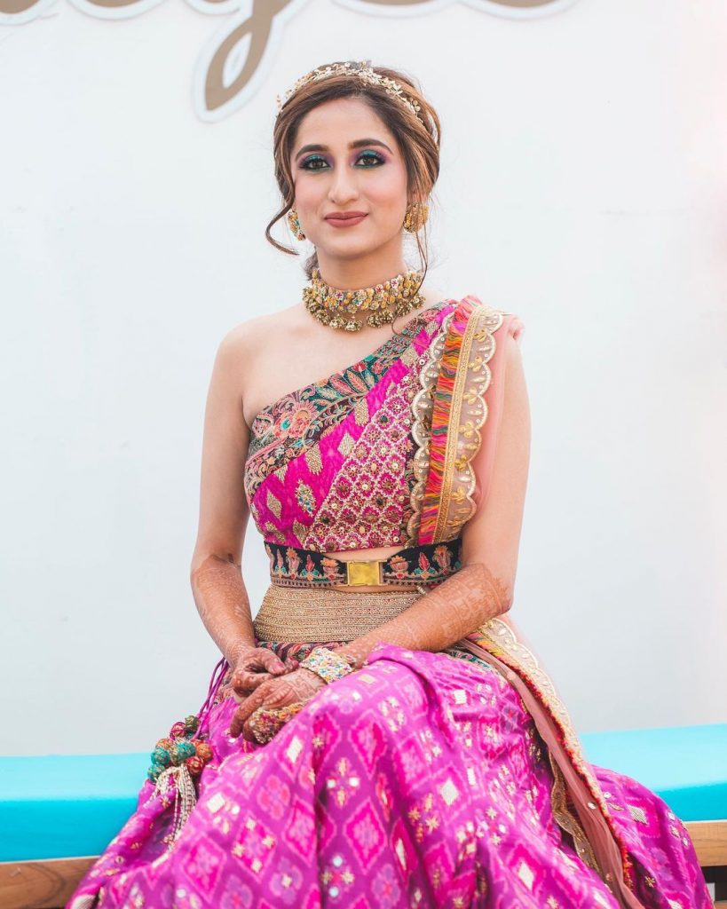 multi-colored choker with pink lehenga