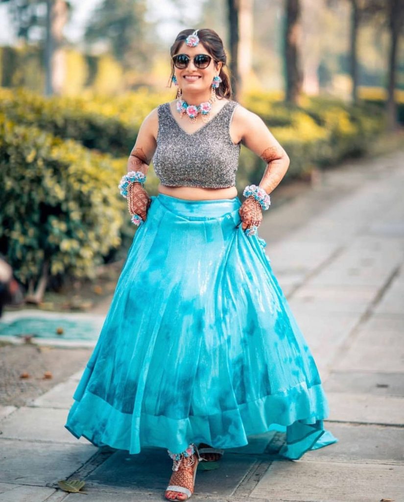 silk blue lehenga with silver glitter top mehendi outfits