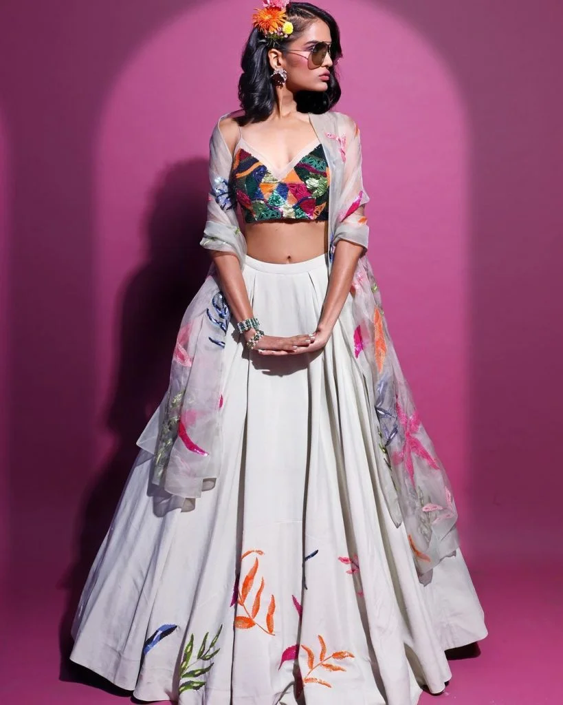 sequin patchwork crop blouse with long white skirt and sheer embroidered dupatta mehndi dress style for bride 