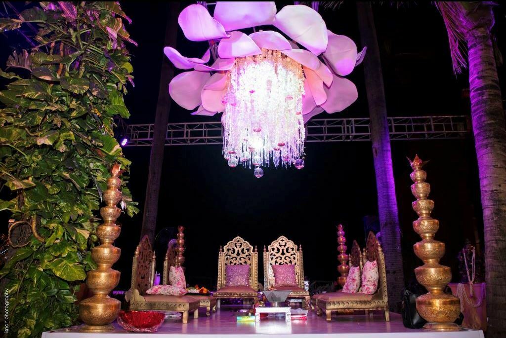 wedding mandap decoration idea with pink chandelier