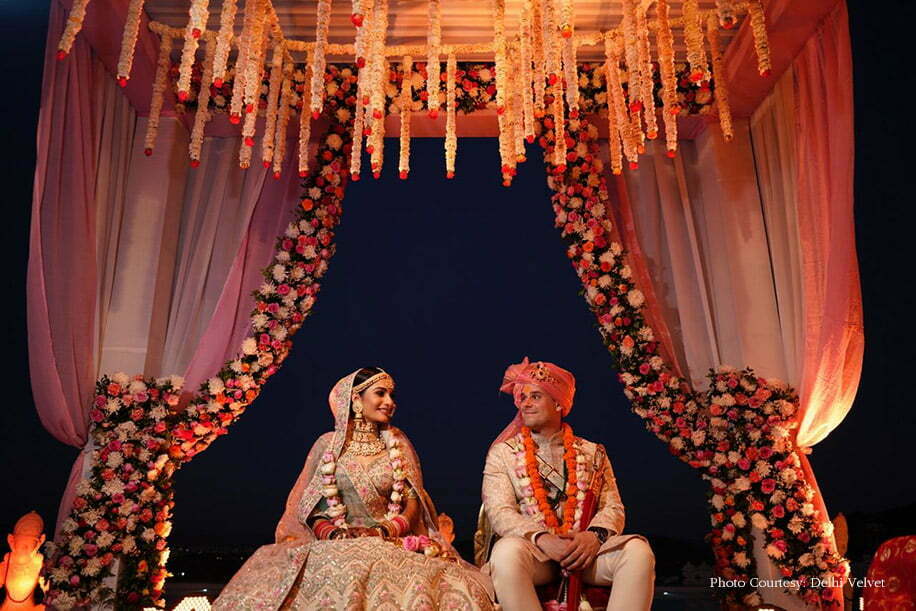 simple mandap decoration idea with suspended flower strands