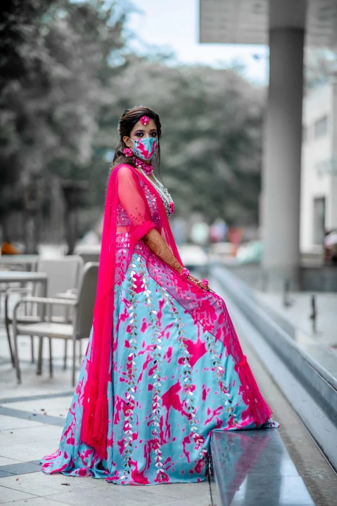 tie and dye blue pink mehendi function dress code bride 