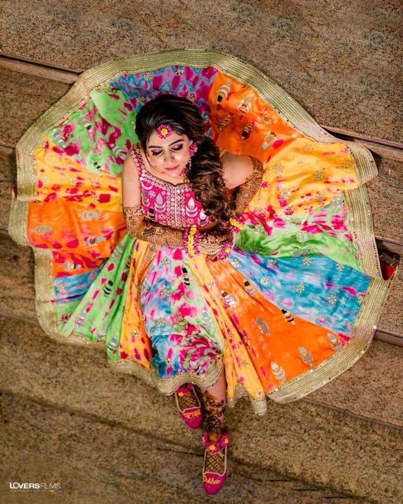 Multicolored color block and tie-dyed lehenga with mirror embellishments