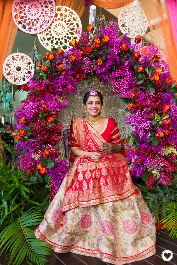 red silk traditional banarasi mehndi outfits for bride