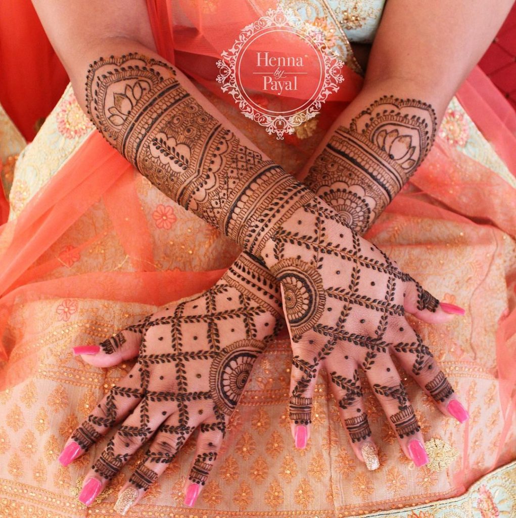 Leafy Grid meshwork design for back hand bridal mehendi