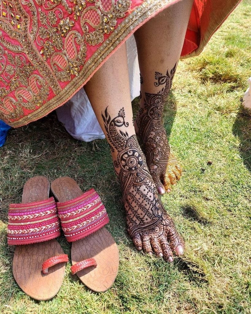 Leafed Gridwork Feet Bridal Mehndi Design With Peacock Motif