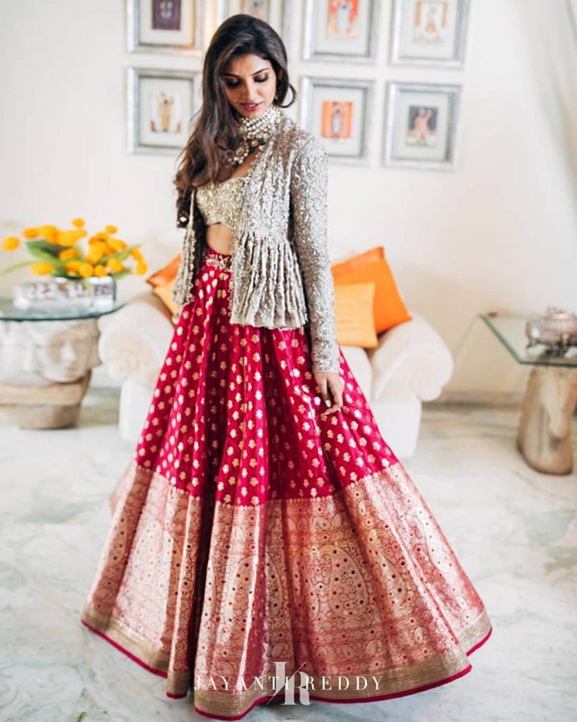 mihika's banarasi lehenga with peplum jacket