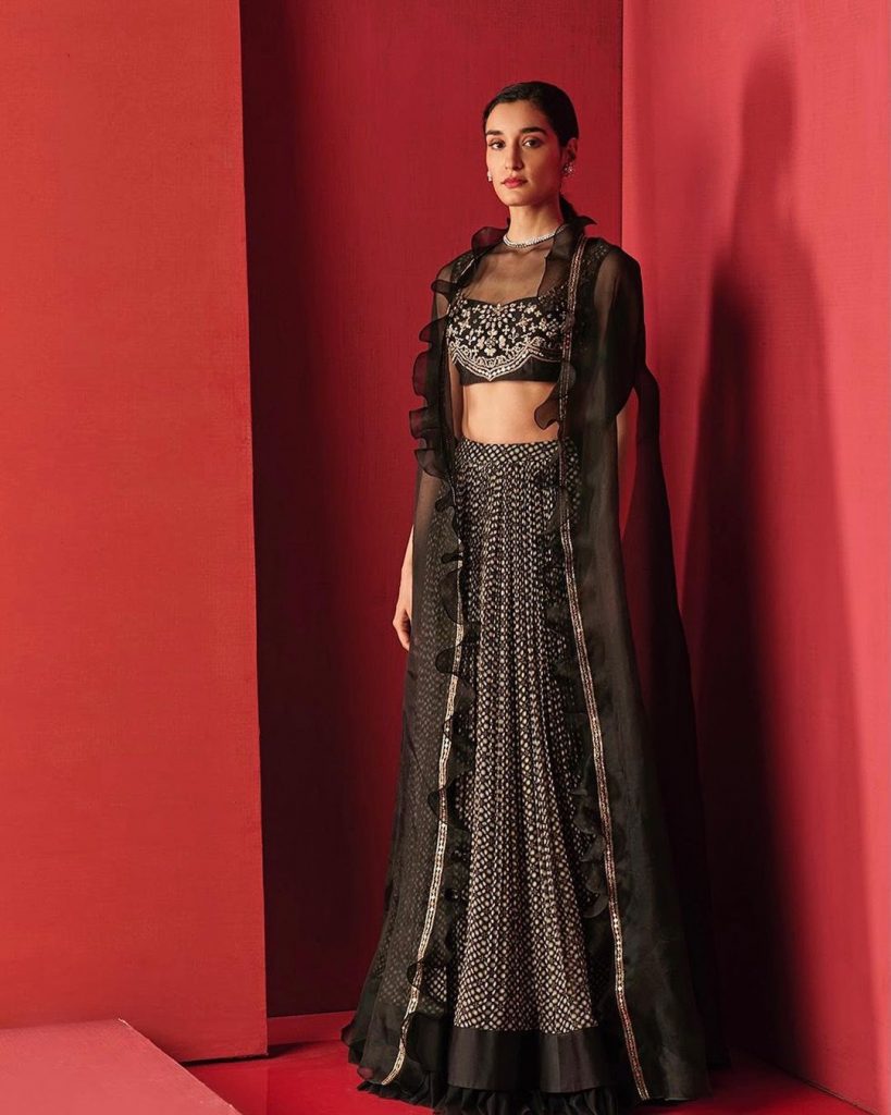 black lehenga choli with long net jacket