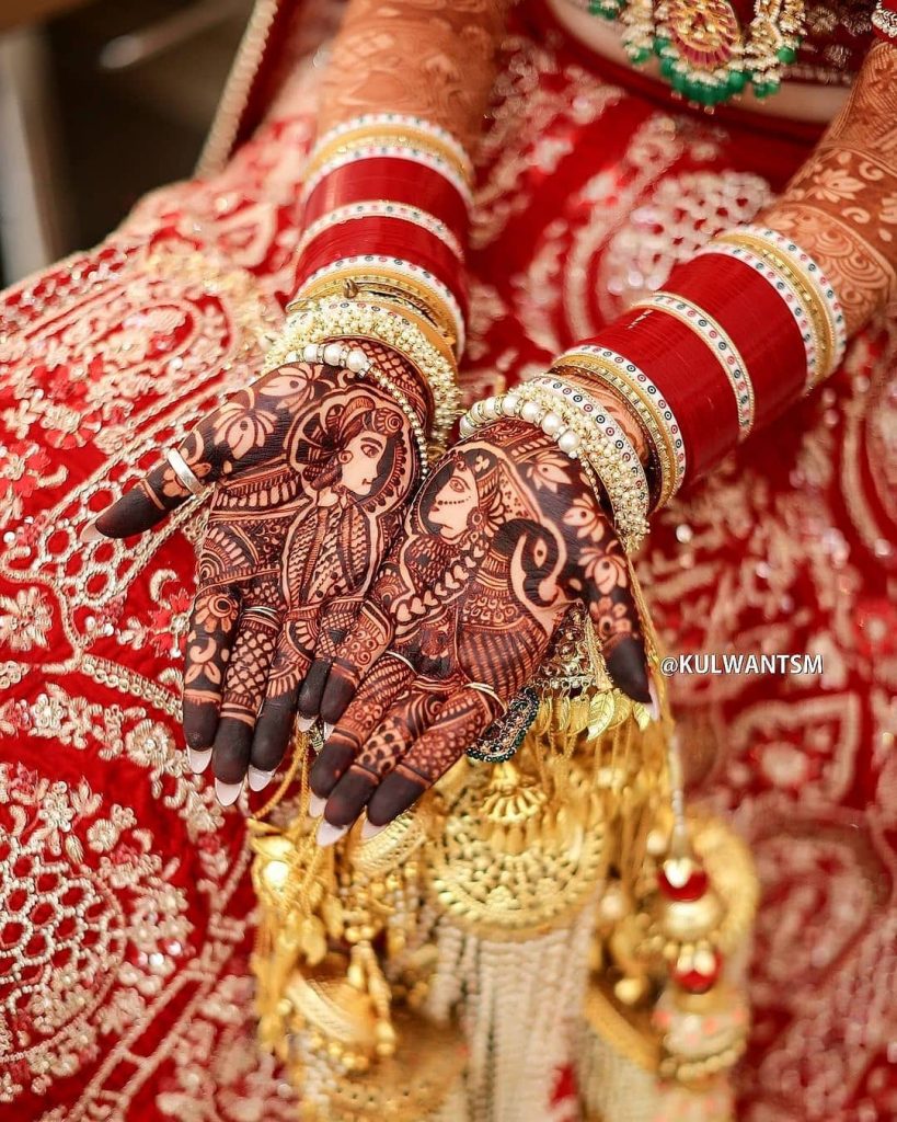 bridal mehndi designs for full hands with dulha dulhan figurines