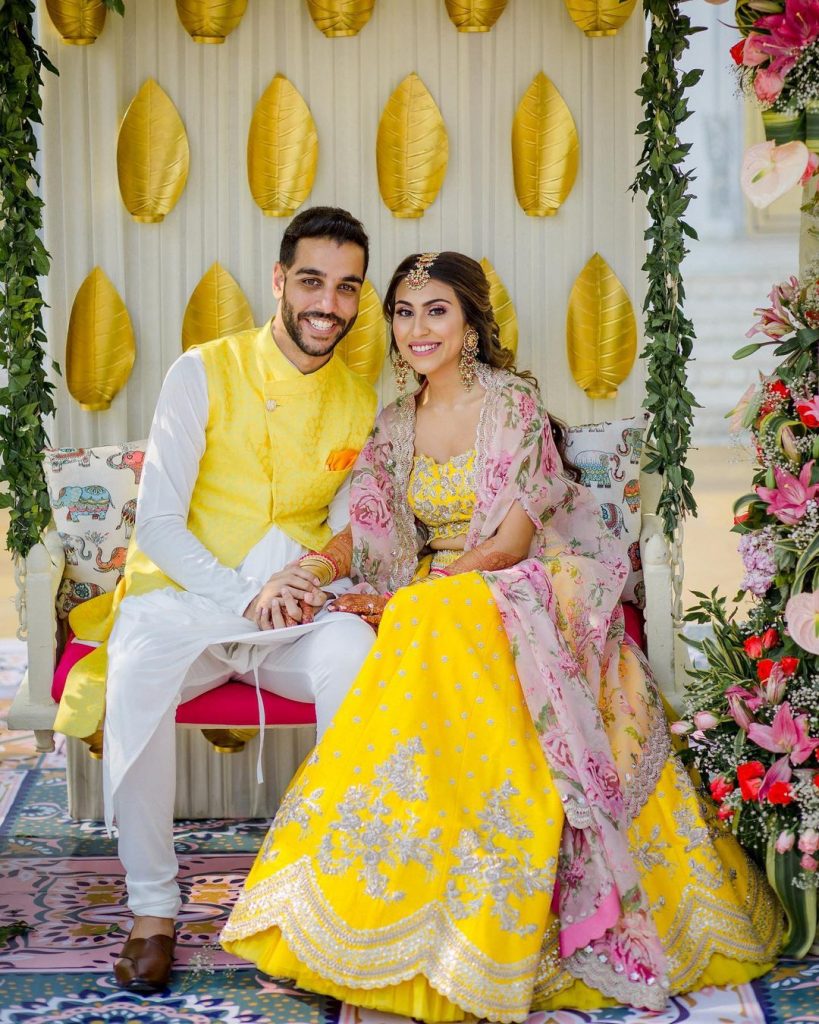 yellow lehenga with floral shrug like jacket