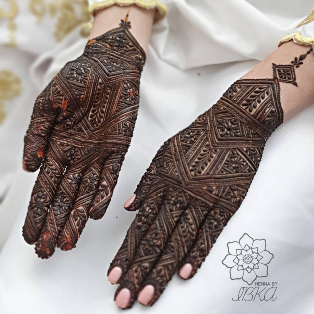 Detailed morrocan back and front hand mehandi design