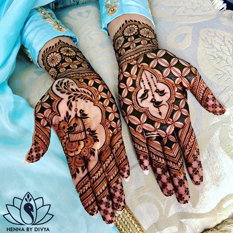 Front Hand Bridal Mehndi Design With Bird Motifs