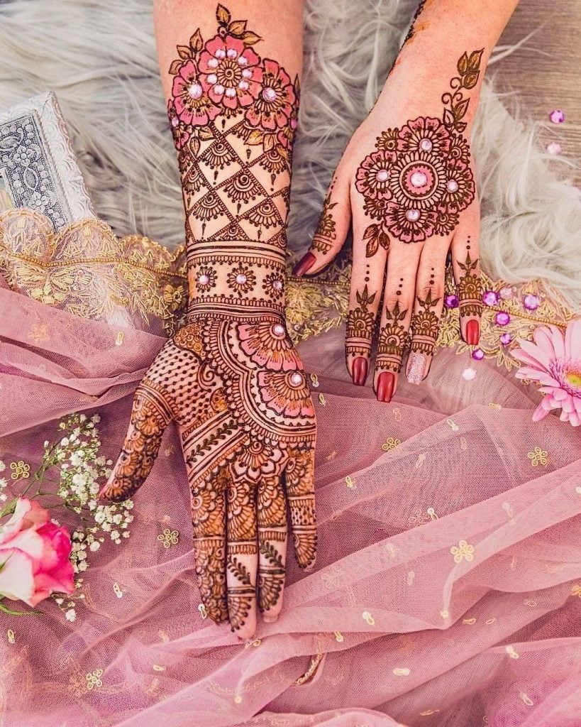 bridal mehndi design 2021 with stone decoration