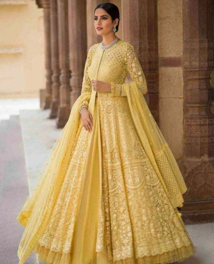 yellow lehenga with long georgette jacket