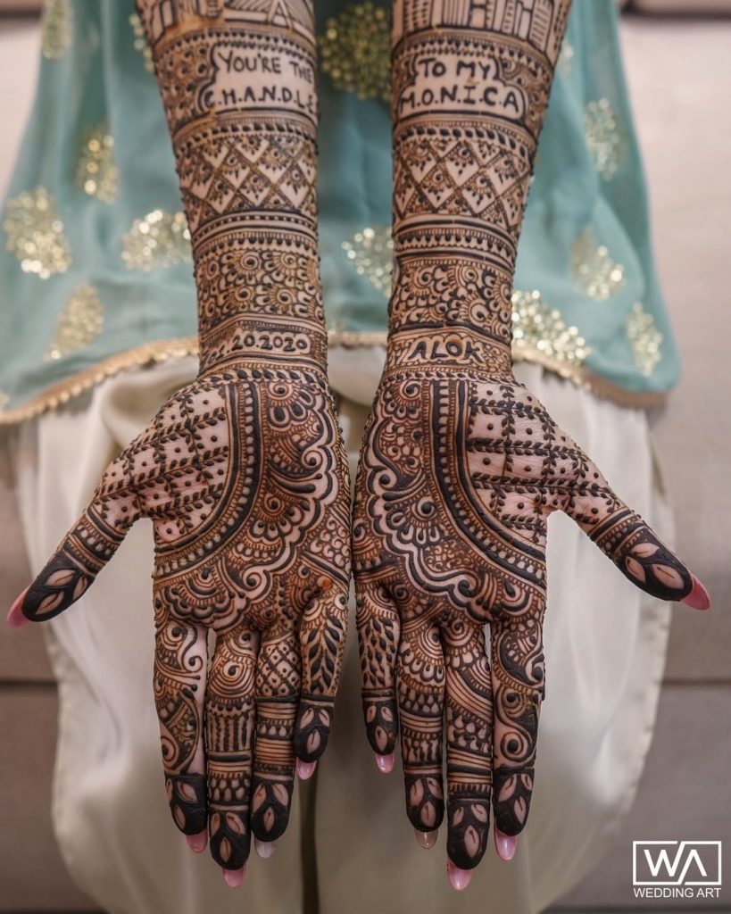 bridal mehndi design 2020 full hand personalised with quotes and hashtags