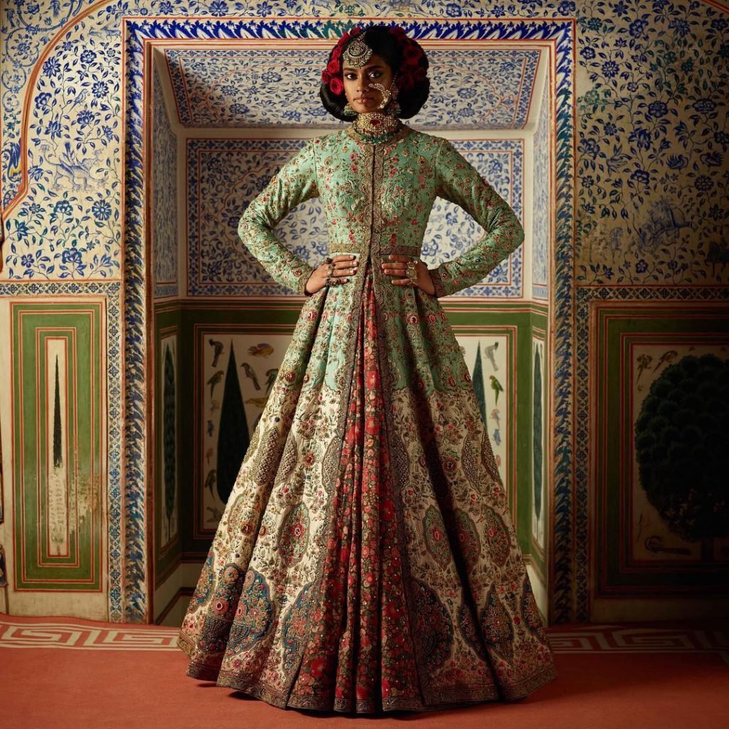 ivory and turquoise sabyasachi jacket lehenga