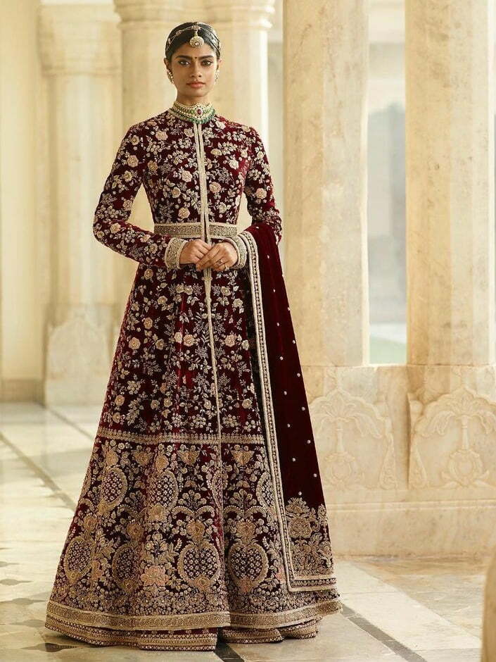 velvet maroon heavy lehenga with coat