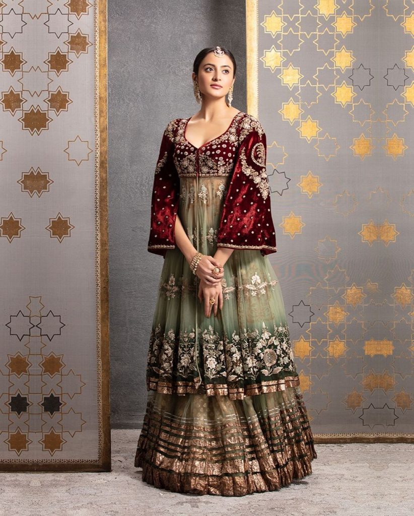 maroon velvet and net knee jacket lehenga