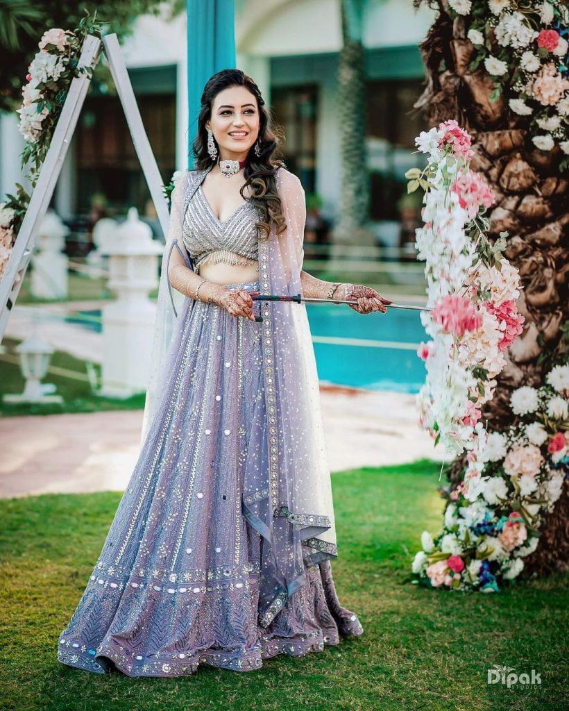 mauve lehenga with long net jacket