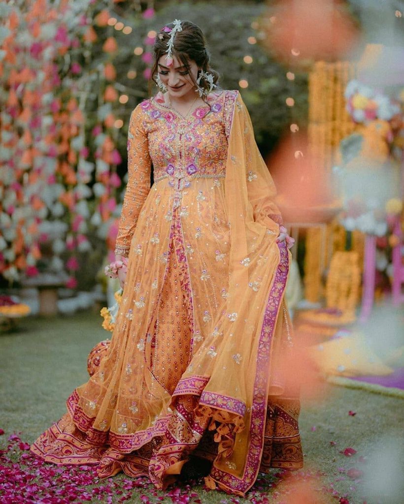 orange and pink designer lehenga with long net jacket