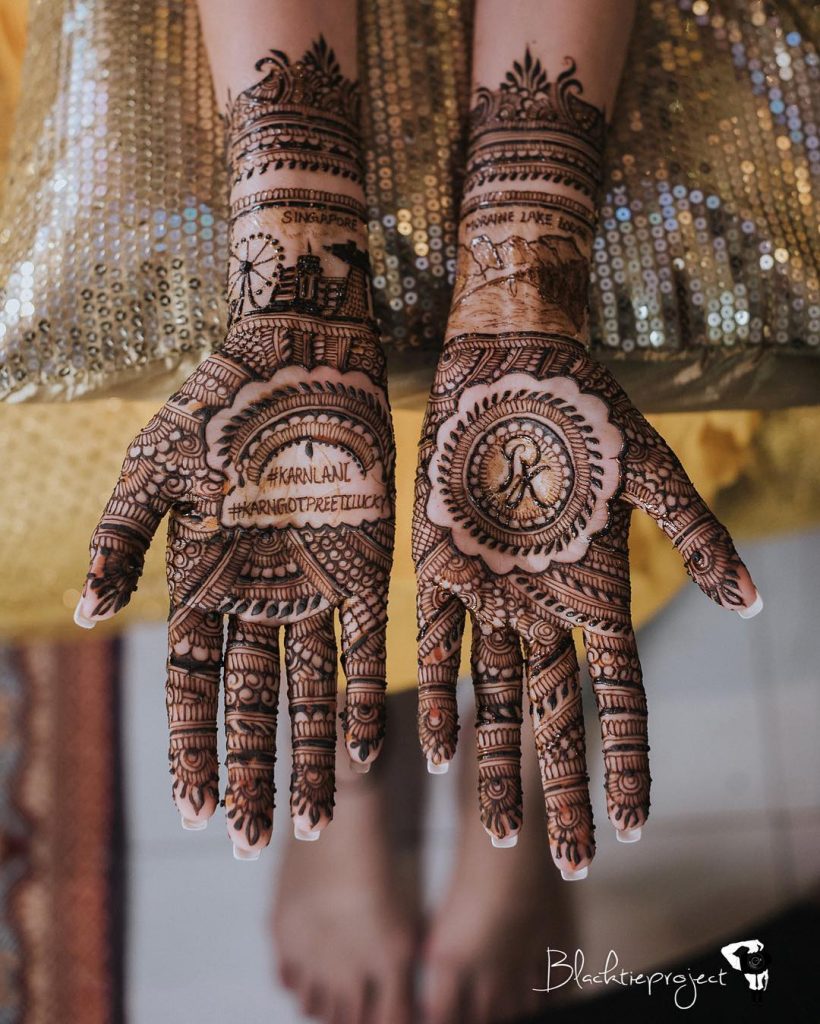 bridal mehendi designs 2020 personalized with hashtags and other elements