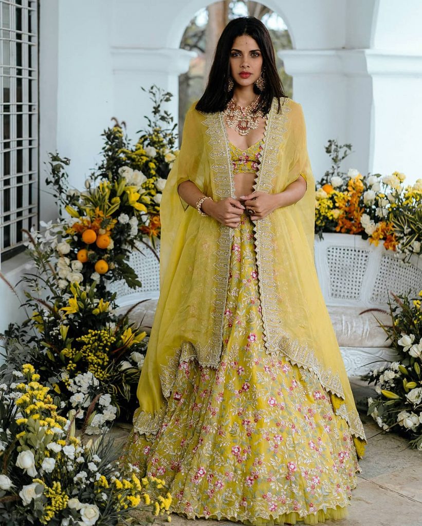 long yellow jacket style lehenga image