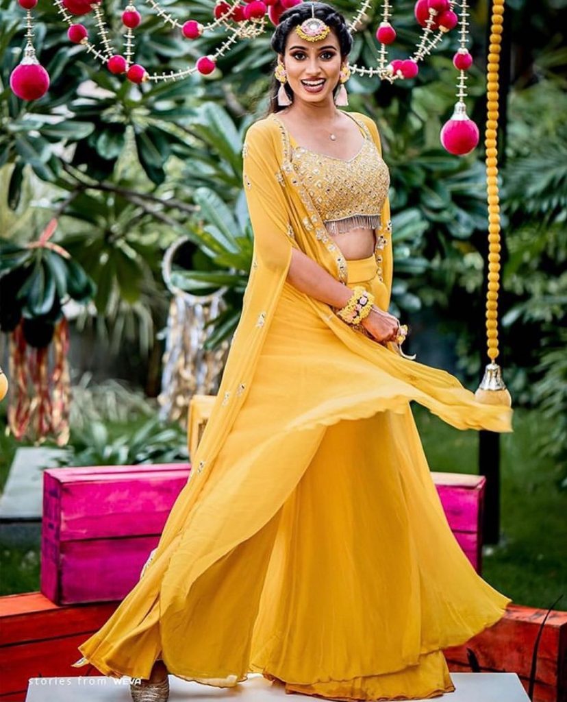 yellow long silk jacket with lehenga