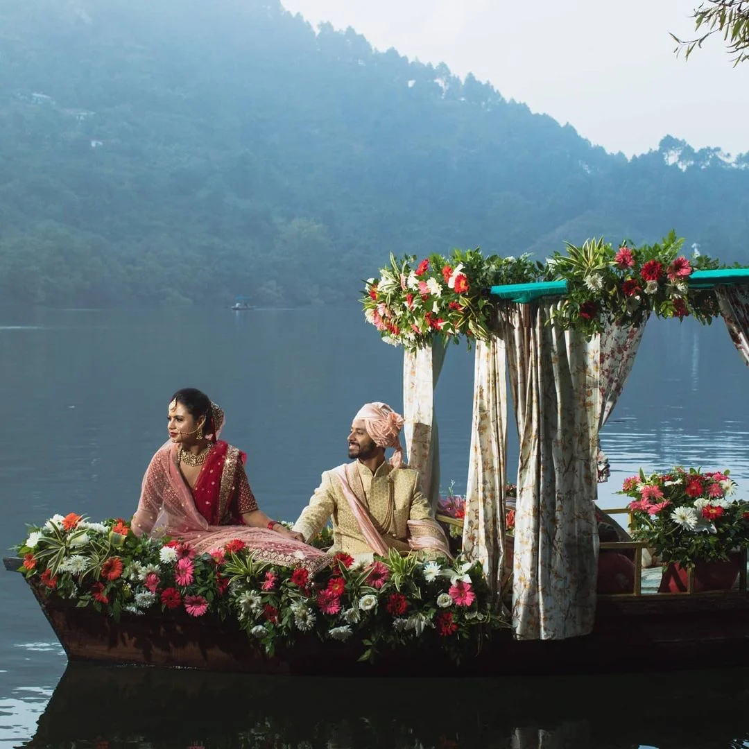 floral boat bride and groom entry in wedding
