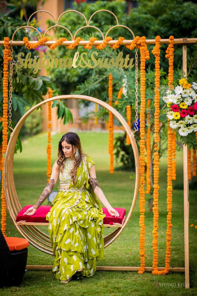 outdoor marigold floral decoration for the bride