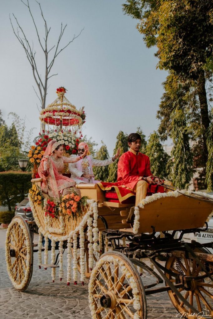 Unique Floral horse chariot wedding bride and groom entry
