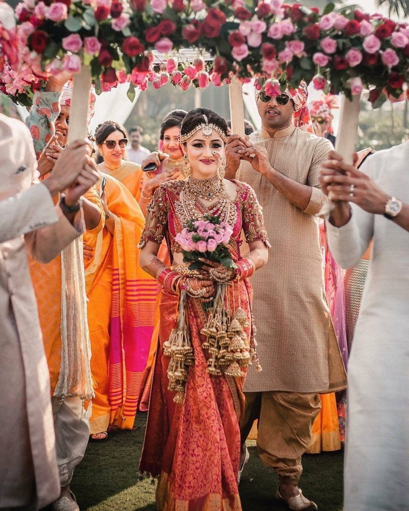 Elegant phoolon ki chaadar bridal entry idea