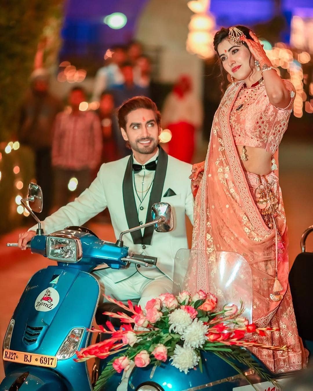 quirky twin scooter wedding couple entry