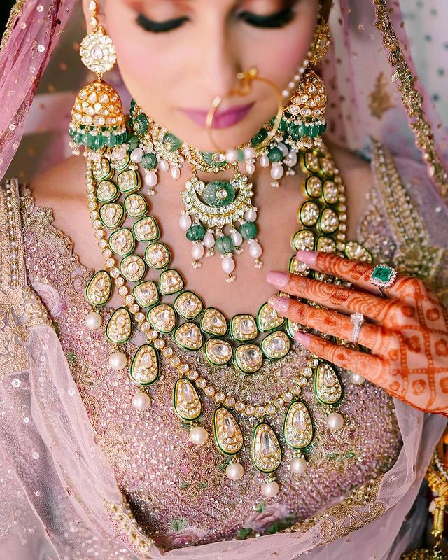 Long polki diamond Indian bridal jewelry with green enamelling