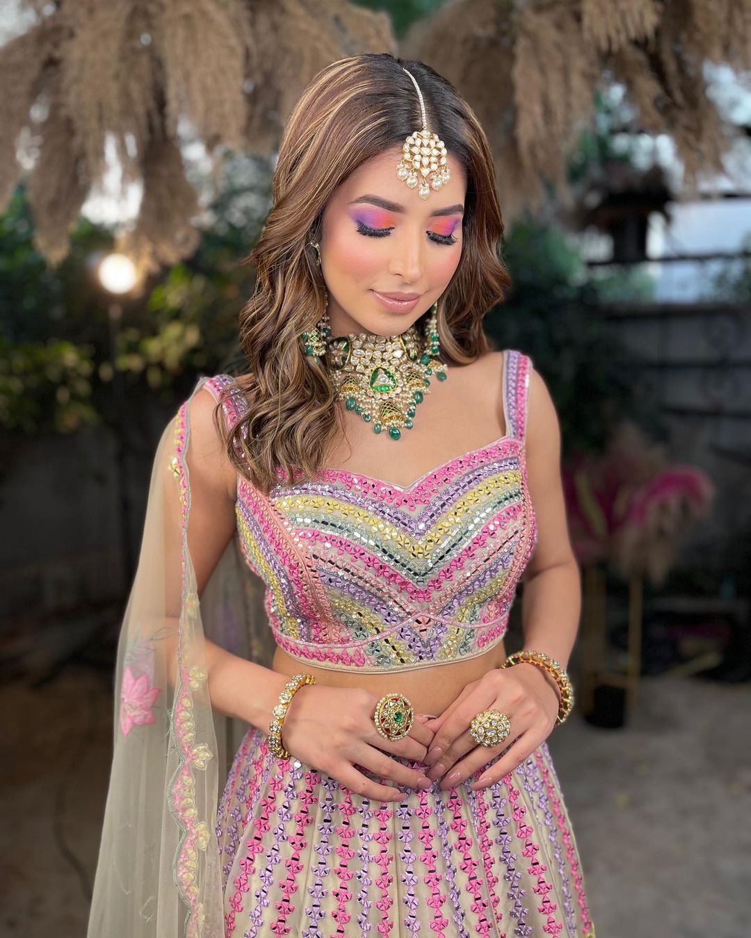 Vibrant best engagement makeup look in Lehenga - latest engagement look for bride - engagement makeup and hairstyle