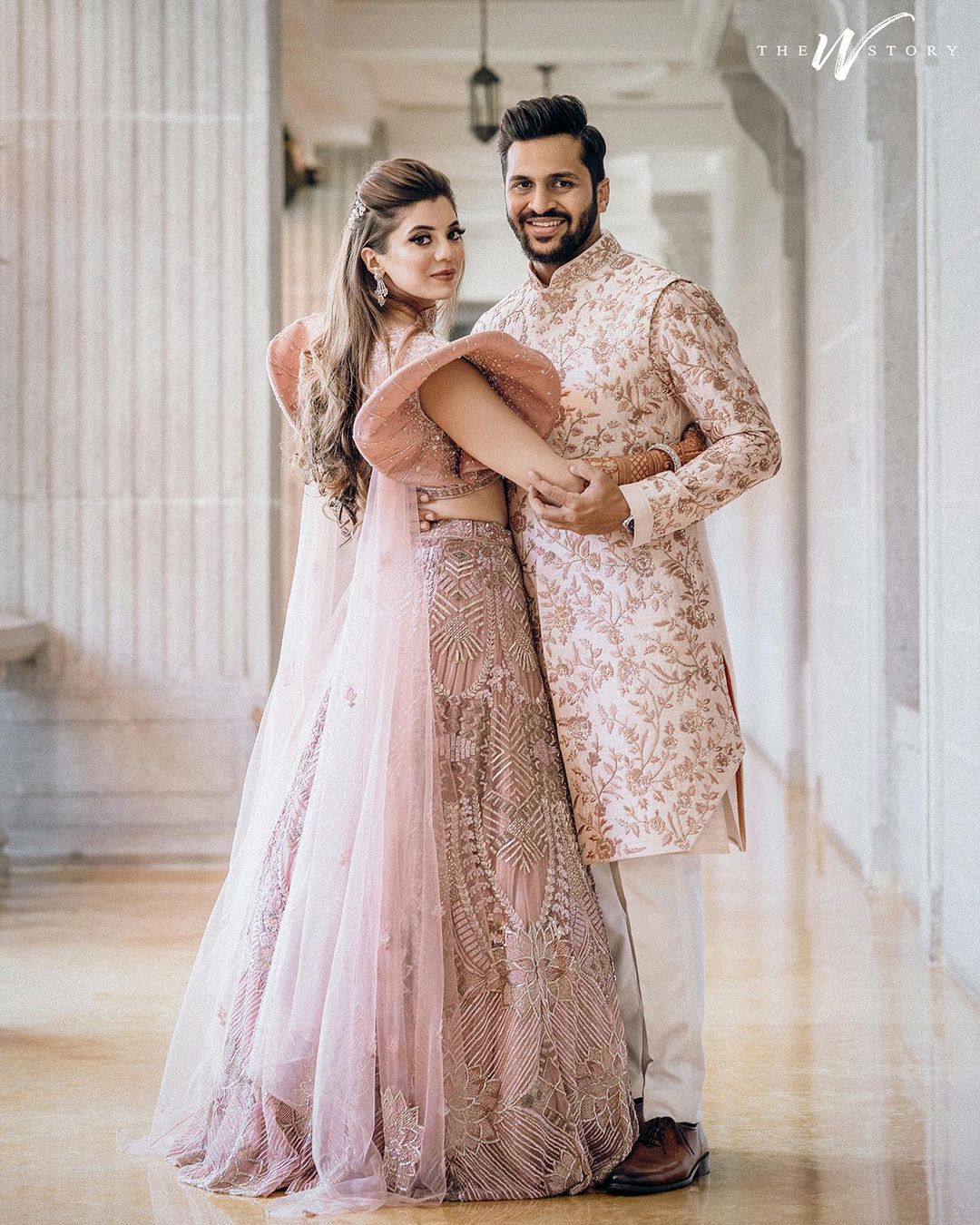 Blush Pink Lehenga and Coordinating Engagement Dress for Bride and Groom 