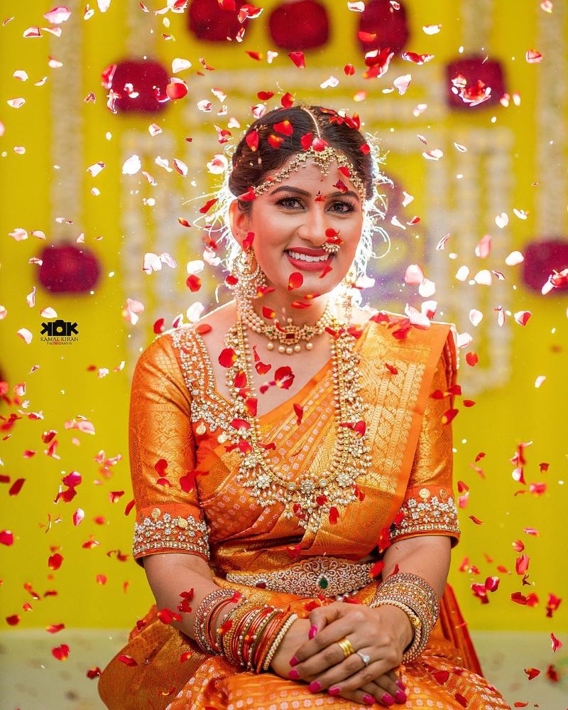 Haldi photoshoot poses for solo South Indian bride