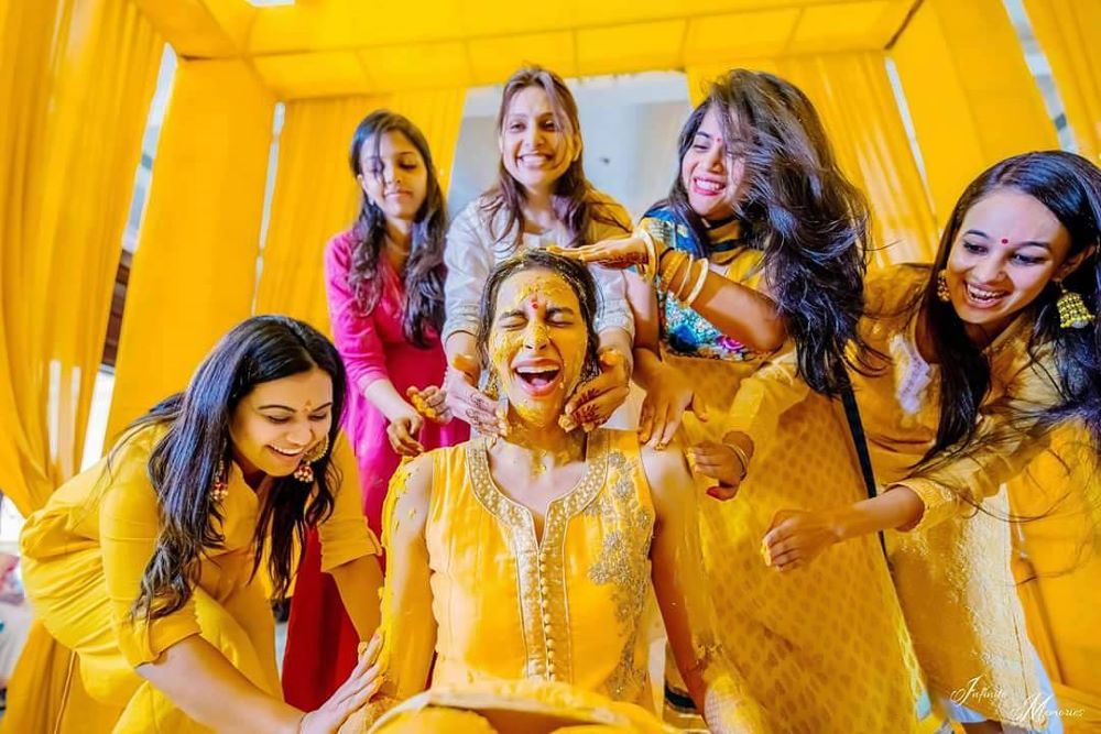 Haldi photoshoot poses with sisters and friends