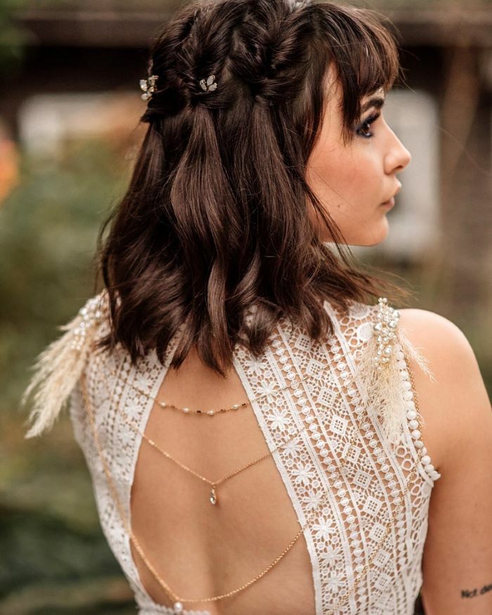 braid in sections with bangs hairstyle for gown for short hair