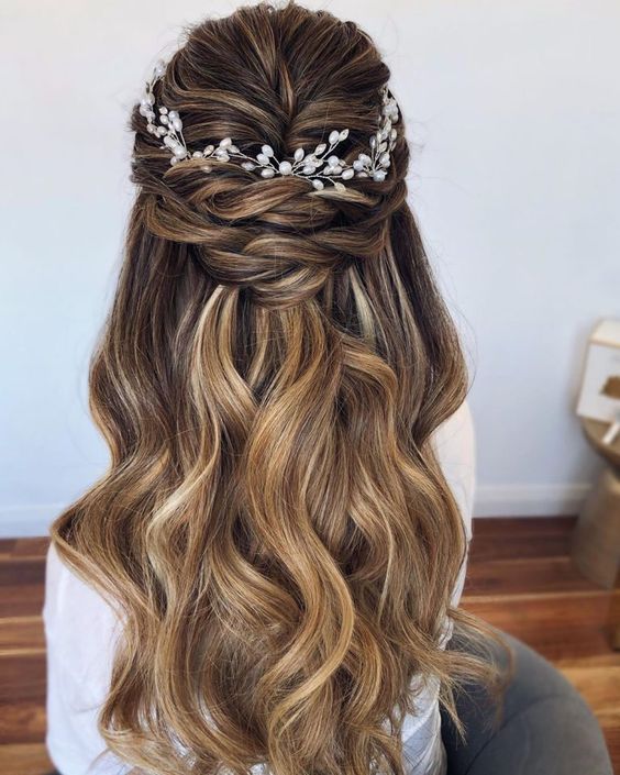criss-cross tiara hairstyle for gown