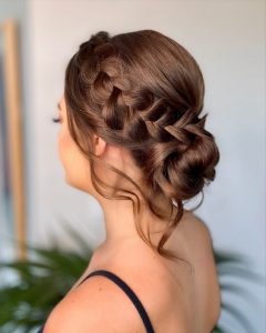 rope-braid-low-bun-hairstyle-with-gown-for-medium-hair | WedAbout