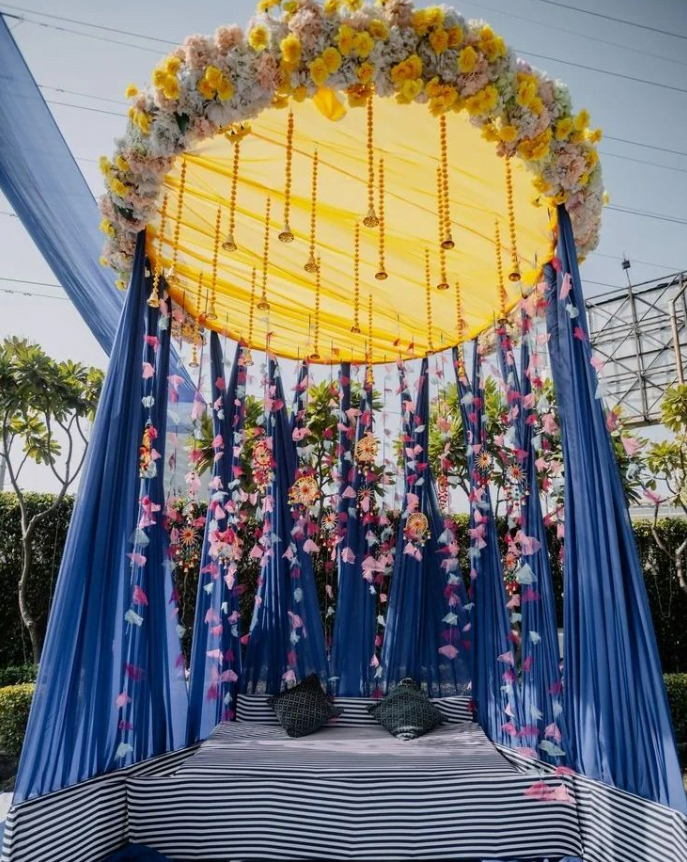 Background Haldi ceremony decoration ideas - Haldi decoration ideas with floral canopy