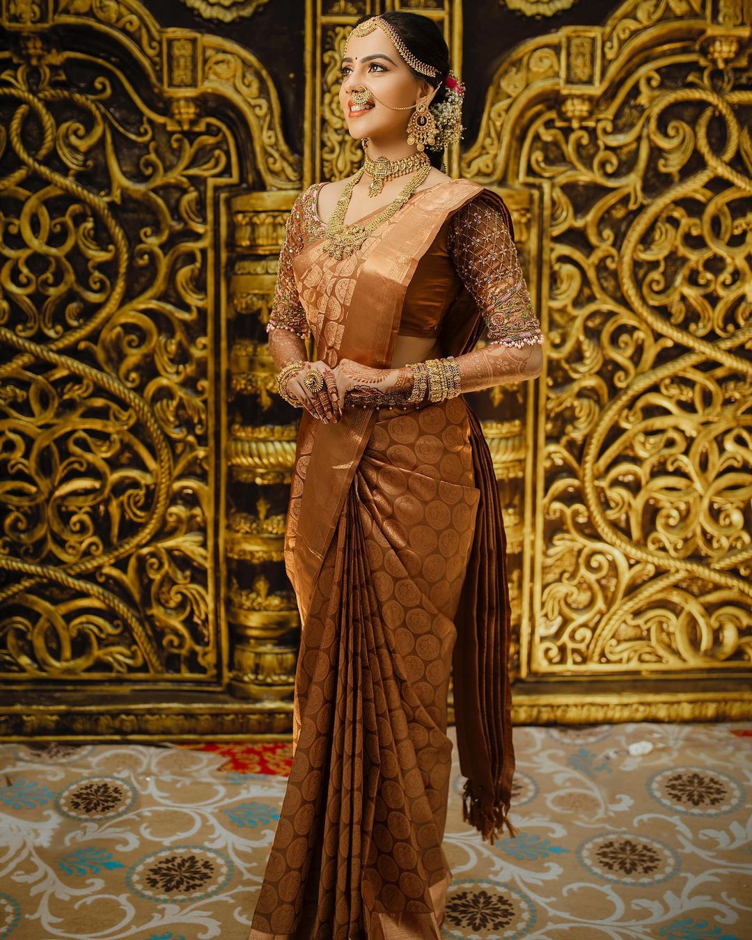 copper south indian wedding saree for muhurtham and pelli kuthuru