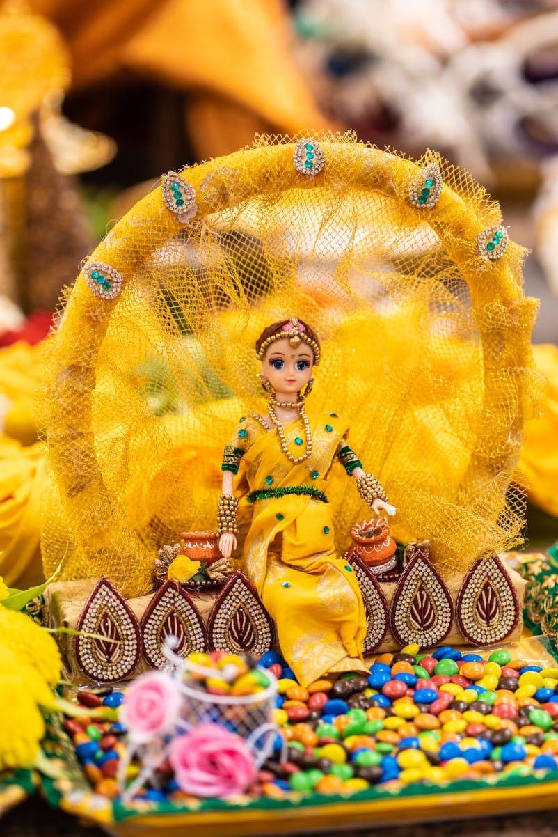 DIY haldi plate thali tray decoration with doll and gems