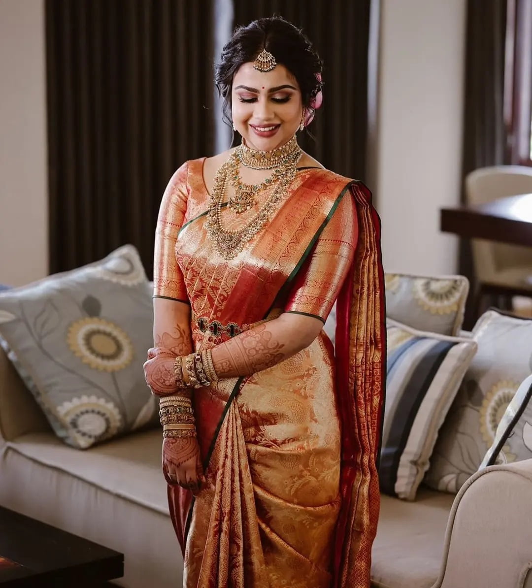 copper golden south indian kanjeevaram saree