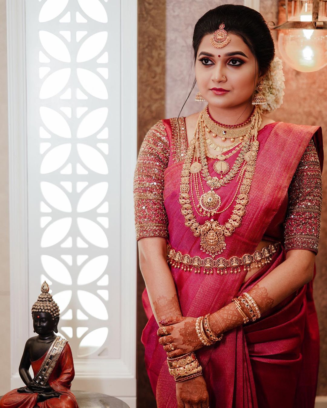 pink south indian wedding saree with maggam blouse