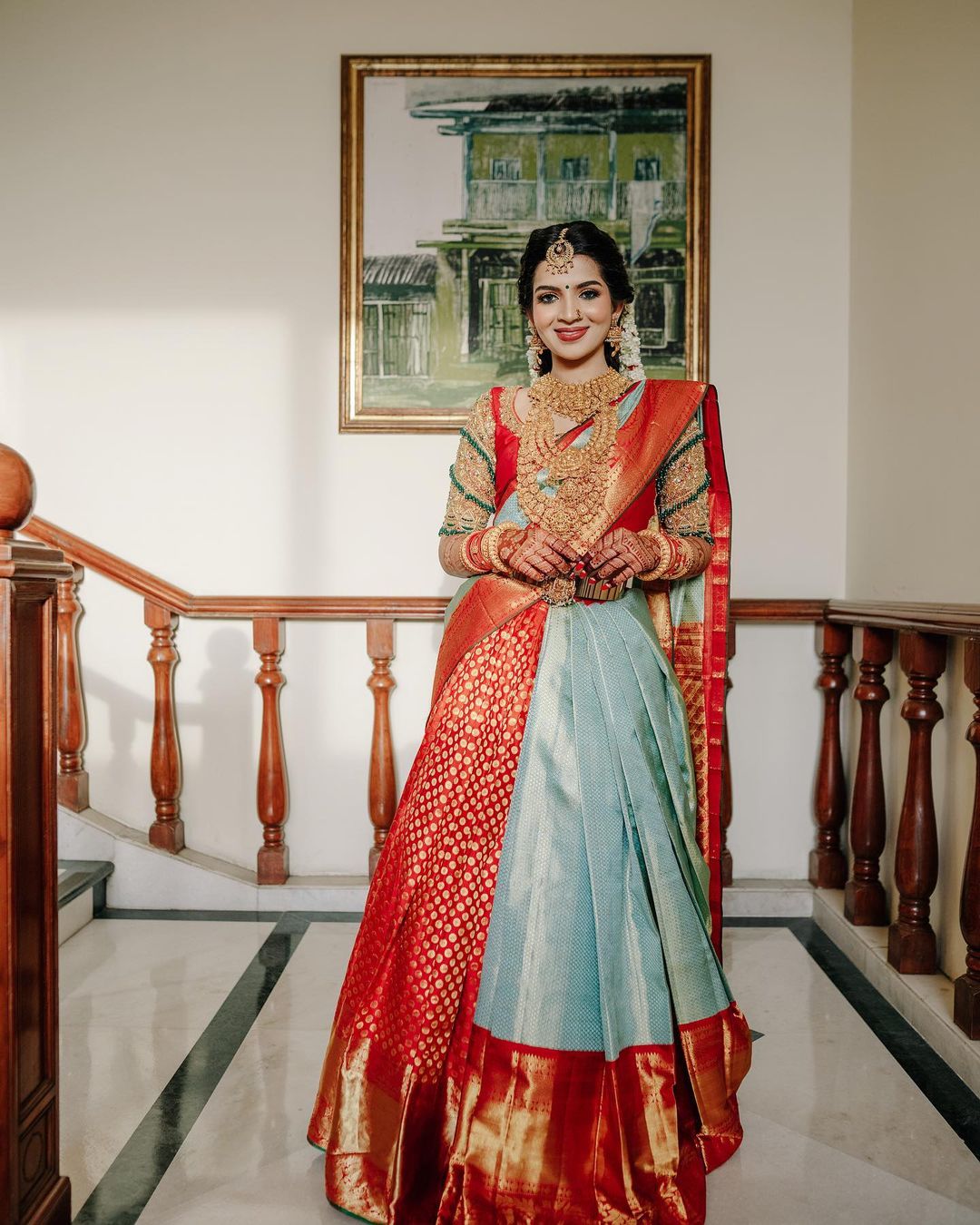 red and green south Indian wedding half saree