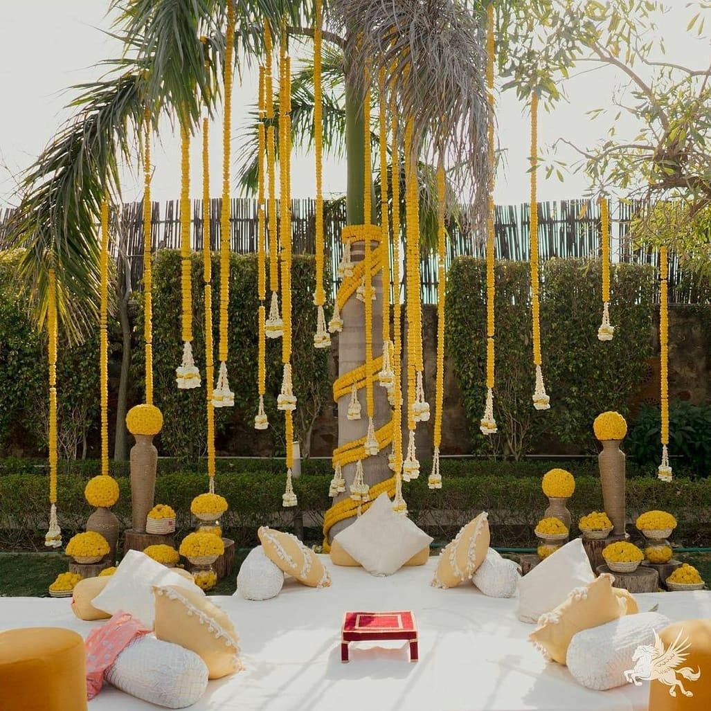 Simple and classy terrace and rooftop haldi decoration ideas 
